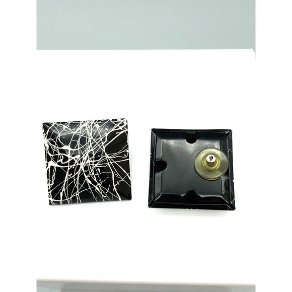 Retro Black and White Splatter Earrings, Vintage Artistic 80s Square Studs - Picture 5 of 5